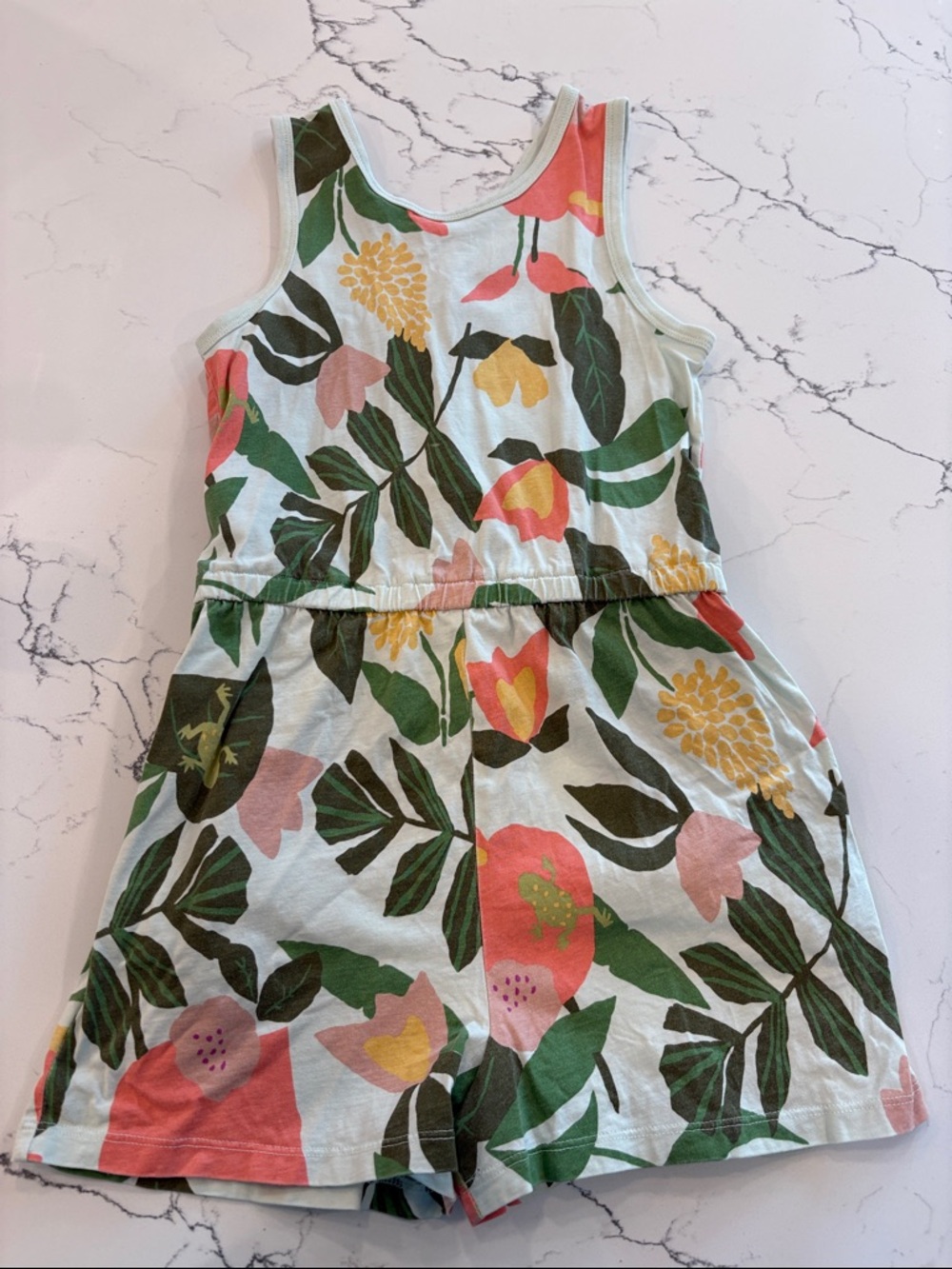 Tea collection size 10 Floral Tank Romper in Pastel Mint, Coral & Green